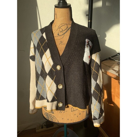 OOAK? Harlequin Crop Top Joker Devolution Cable Knit CARDIGAN Sweater Size 3X - Picture 2 of 12